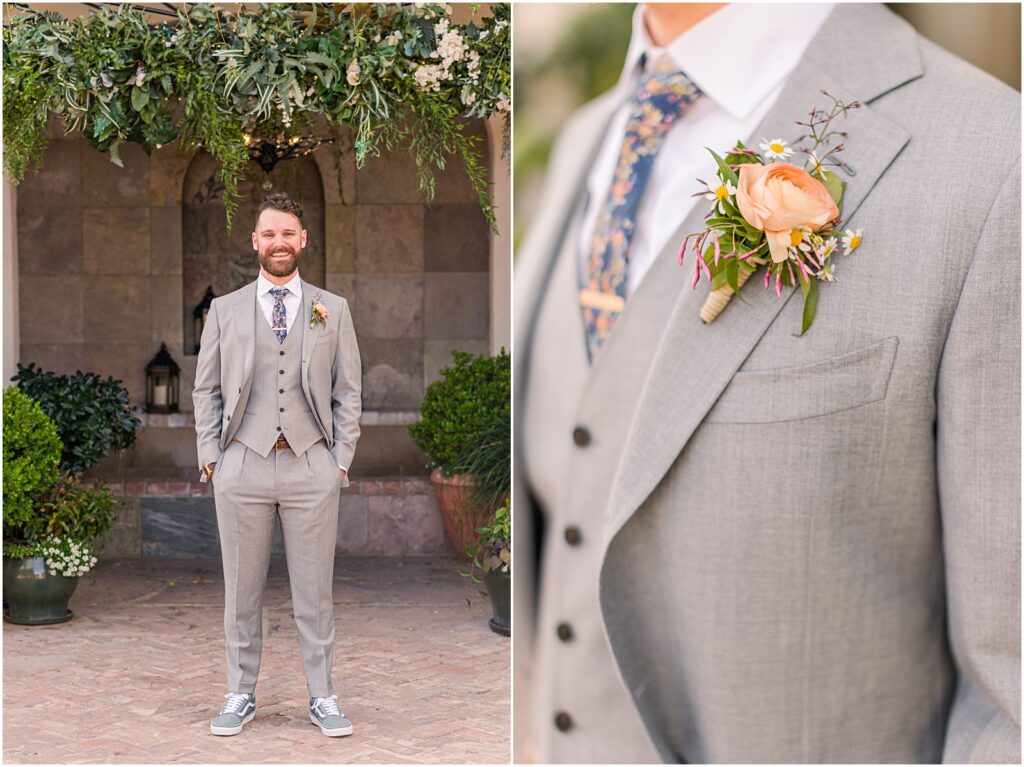 groom wearing light gray suit with navy floral tie