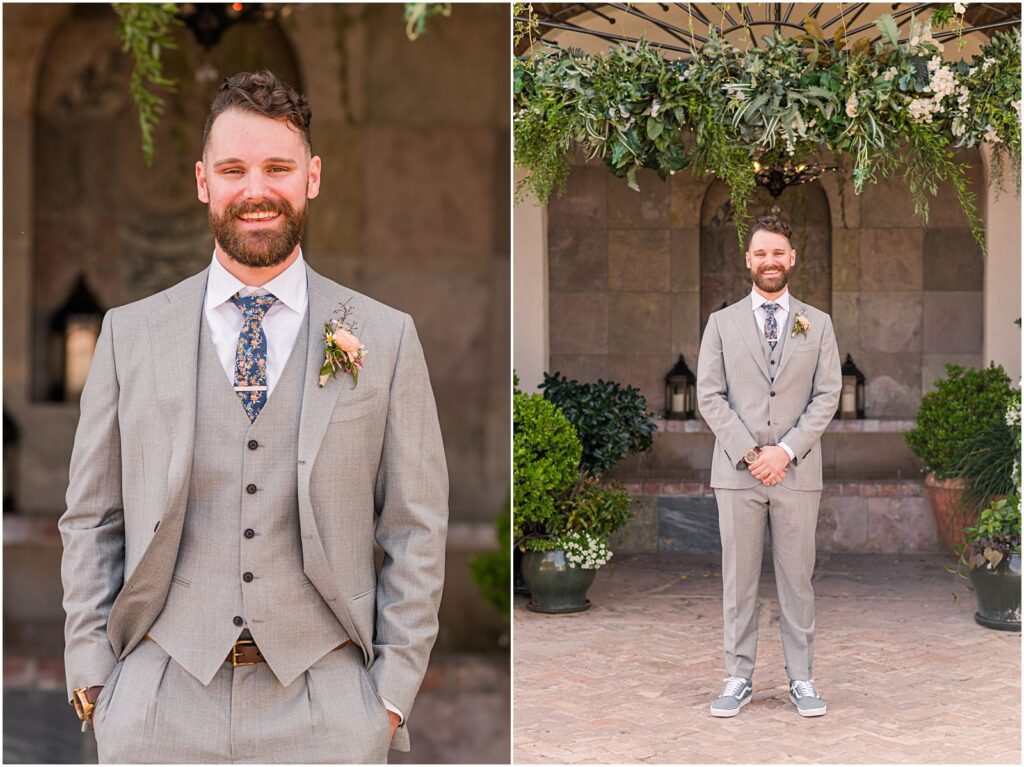 groom in light gray suit with vest and boutonniere