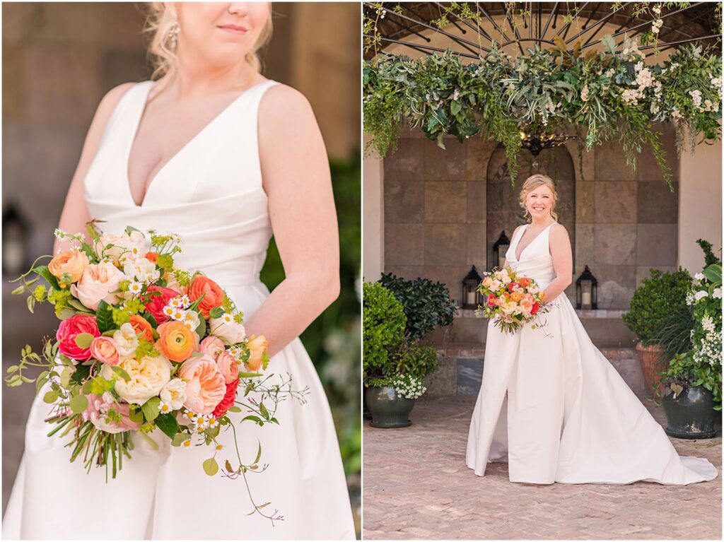 bride holding colorful bouquet of pink, orange, and yellow flowers
