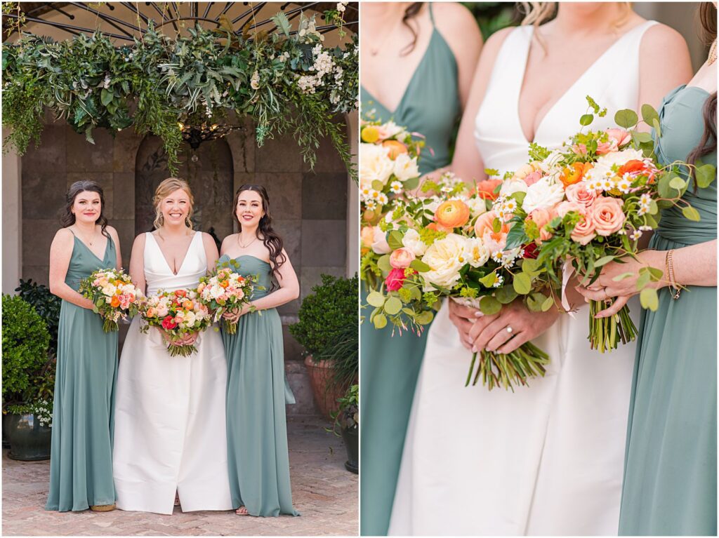 bridesmaids in slate blue dresses for spring wedding at Stillwell