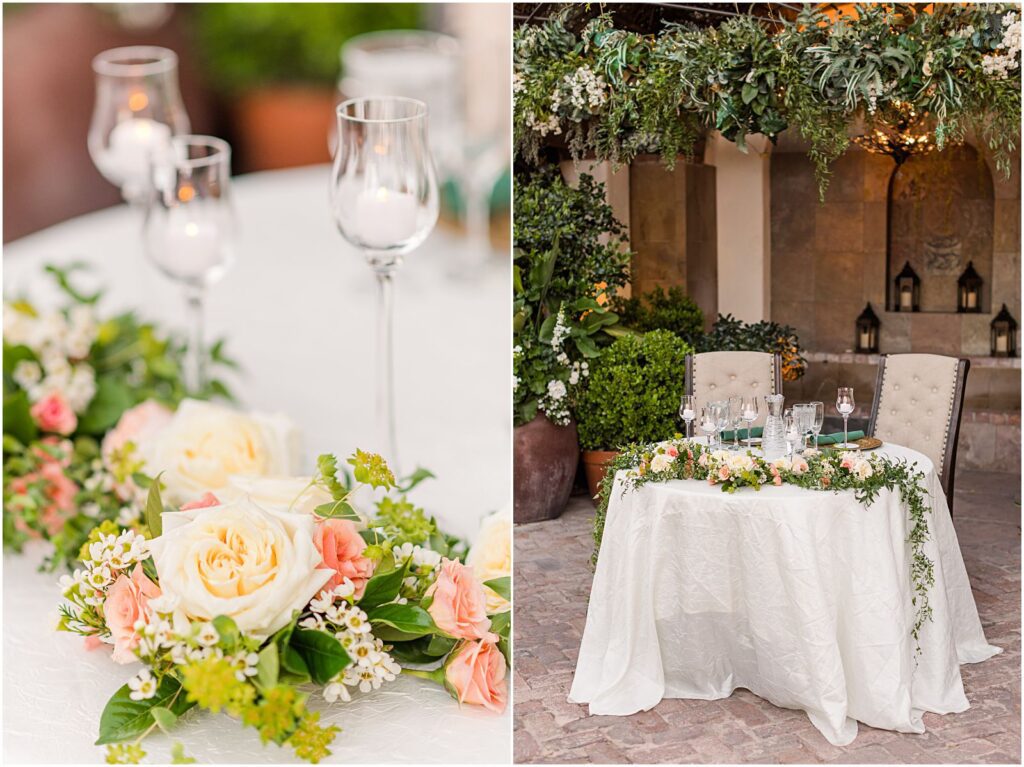 sweetheart table in outdoor courtyard at spring wedding at Stillwell House