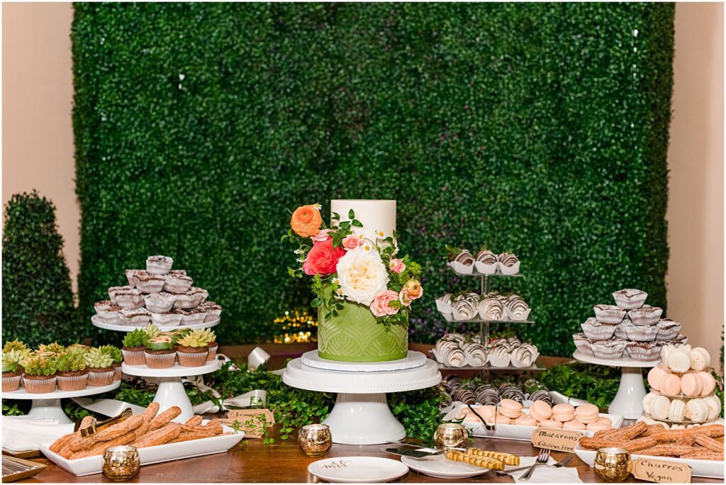 dessert table and wedding cake display