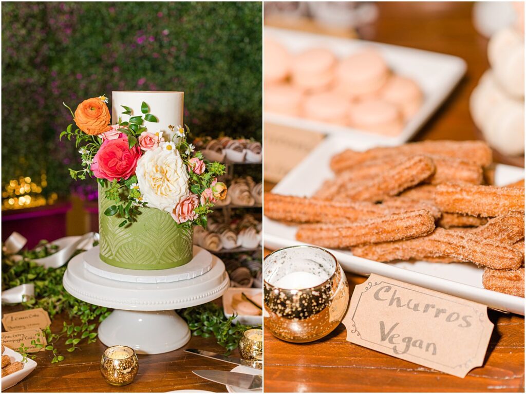 wedding cake with churros and macarons