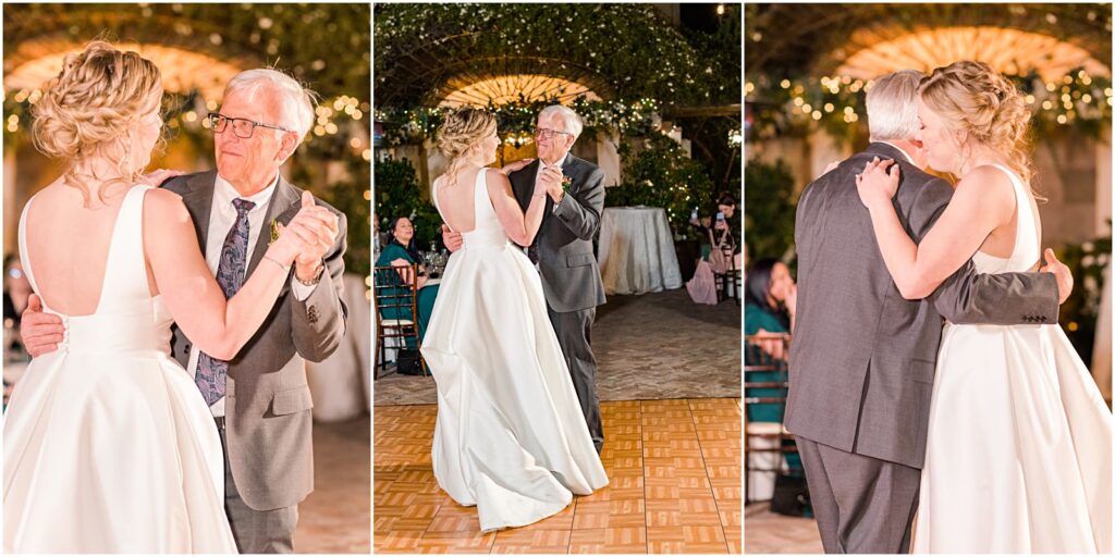 bride dancing with dad at nighttime outdoor reception