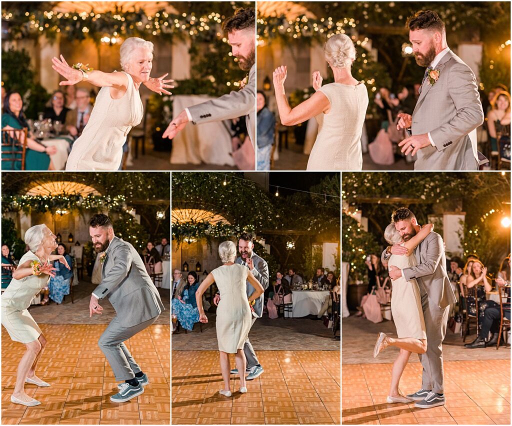 groom dancing with mom at nighttime outdoor reception