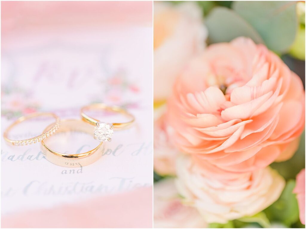 gold wedding ring set on spring wedding invitation