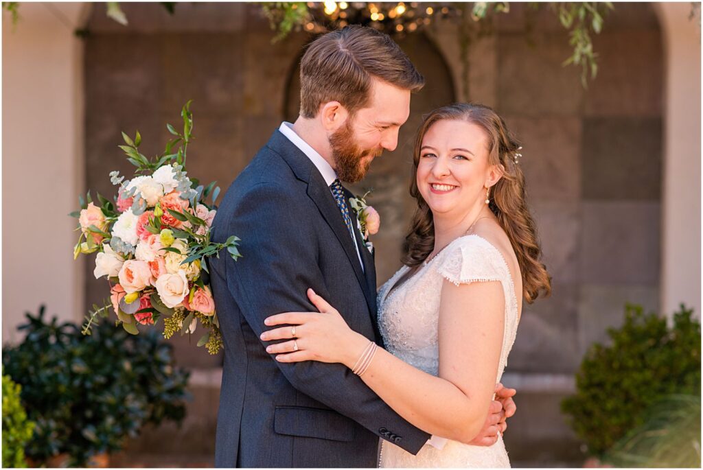 portrait of bride and groom at early spring wedding