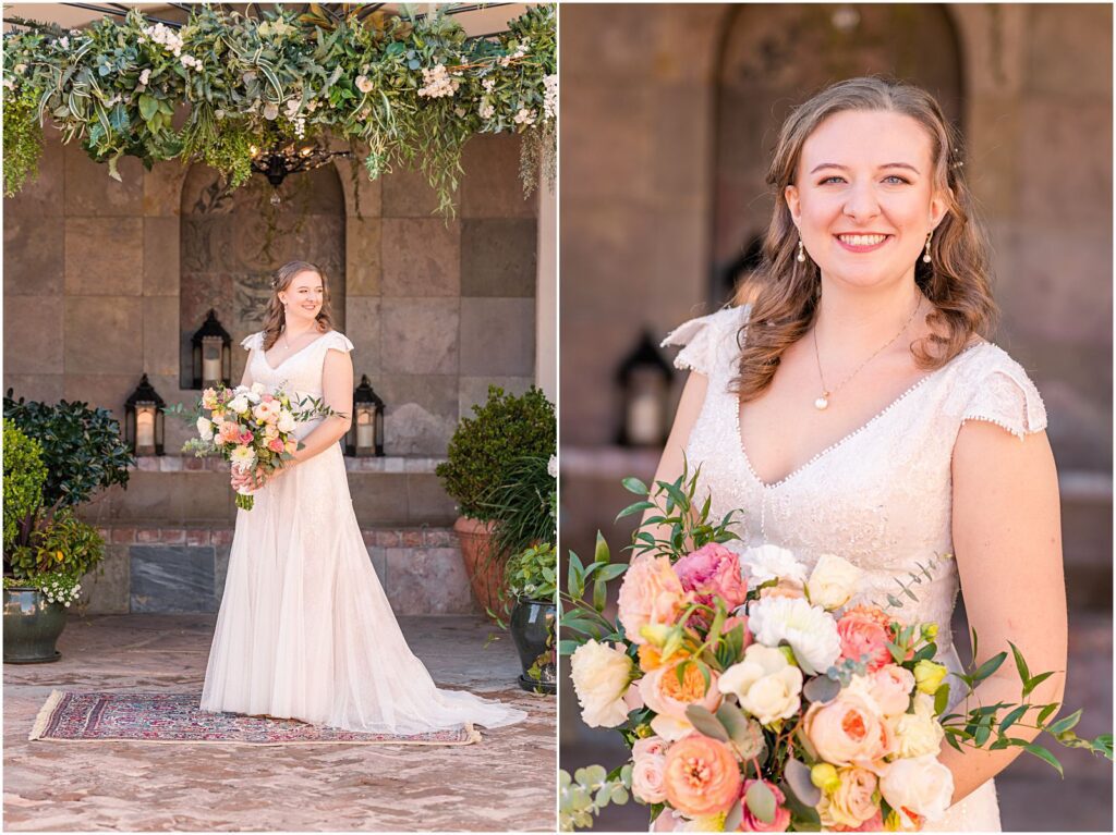 bride smiling at camera holding colorful spring bouquet