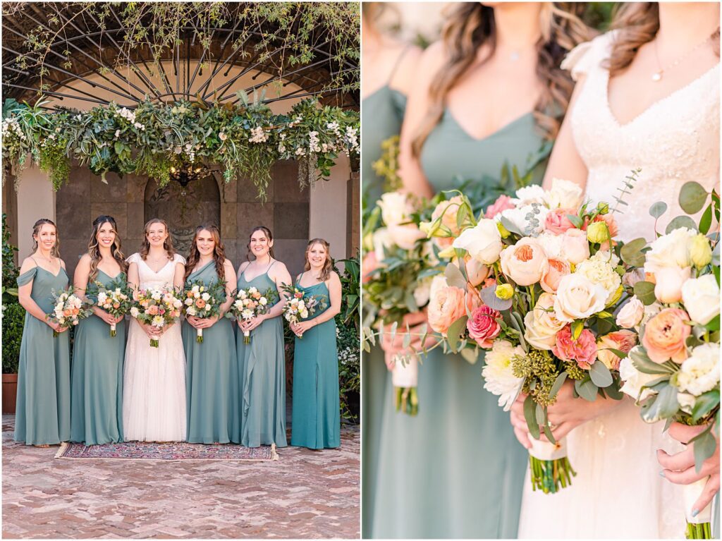 bridesmaids in sea glass blue and soft green dresses