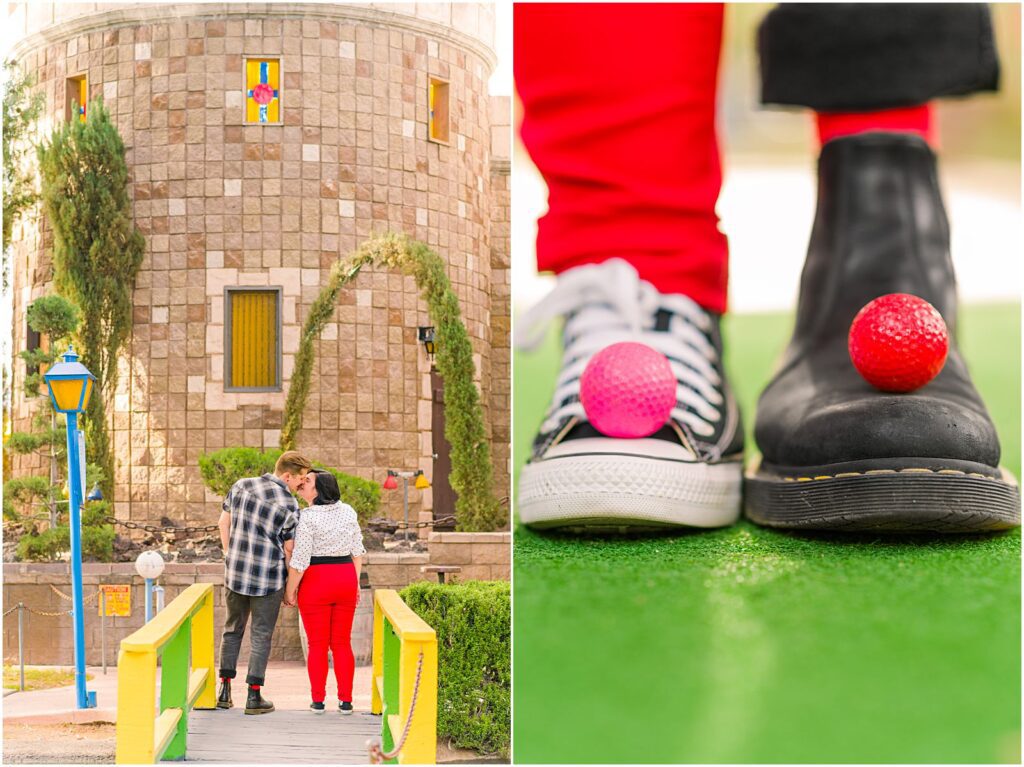 rockabilly inspired engagement session at mini golf course