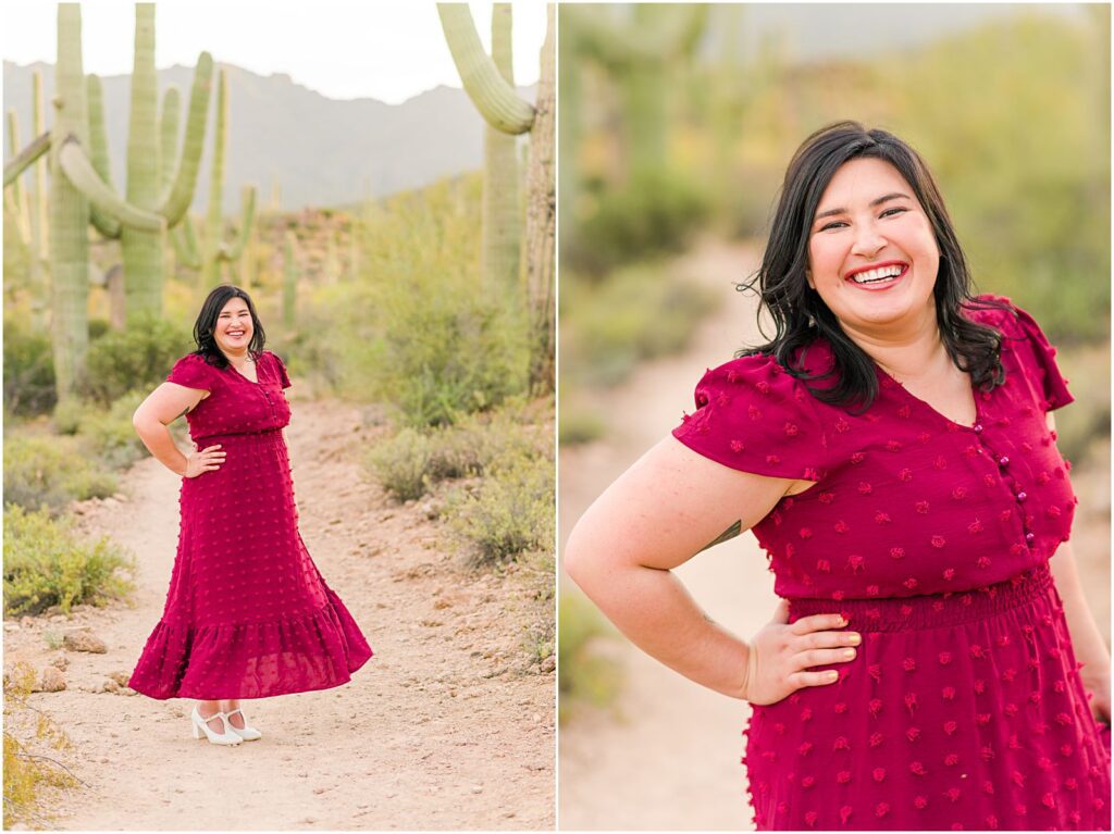 portrait of bride to be in fun burgundy dress