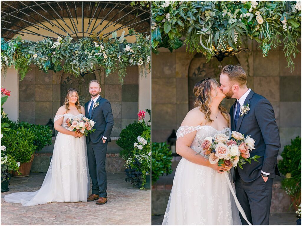 photo of bride and groom underneath arbor