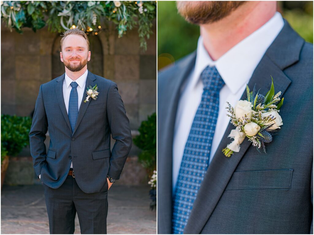 groom in navy suit with coordinating blue tie