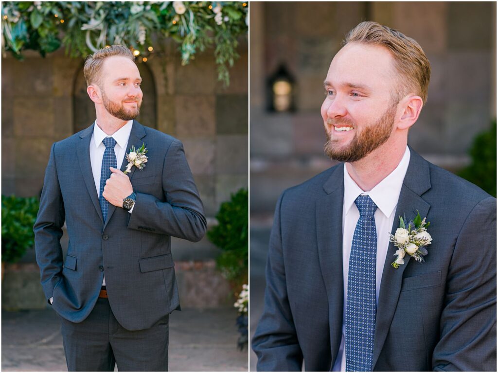 groom smiling and laughing off camera