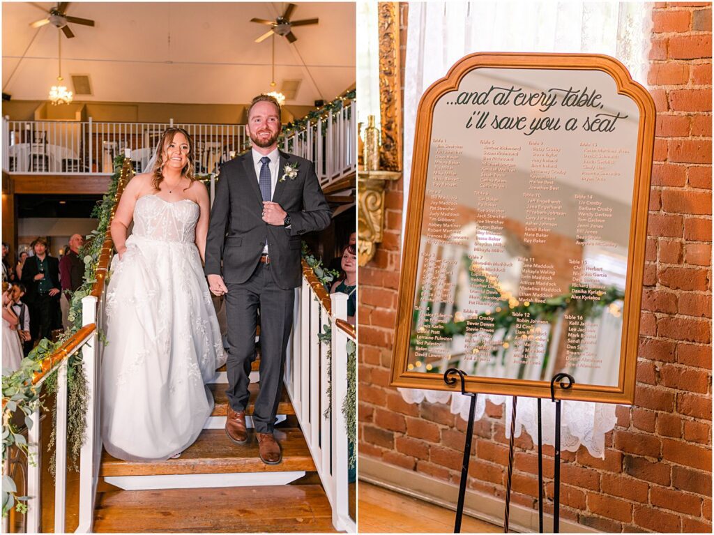 couple entering reception down wooden staircase