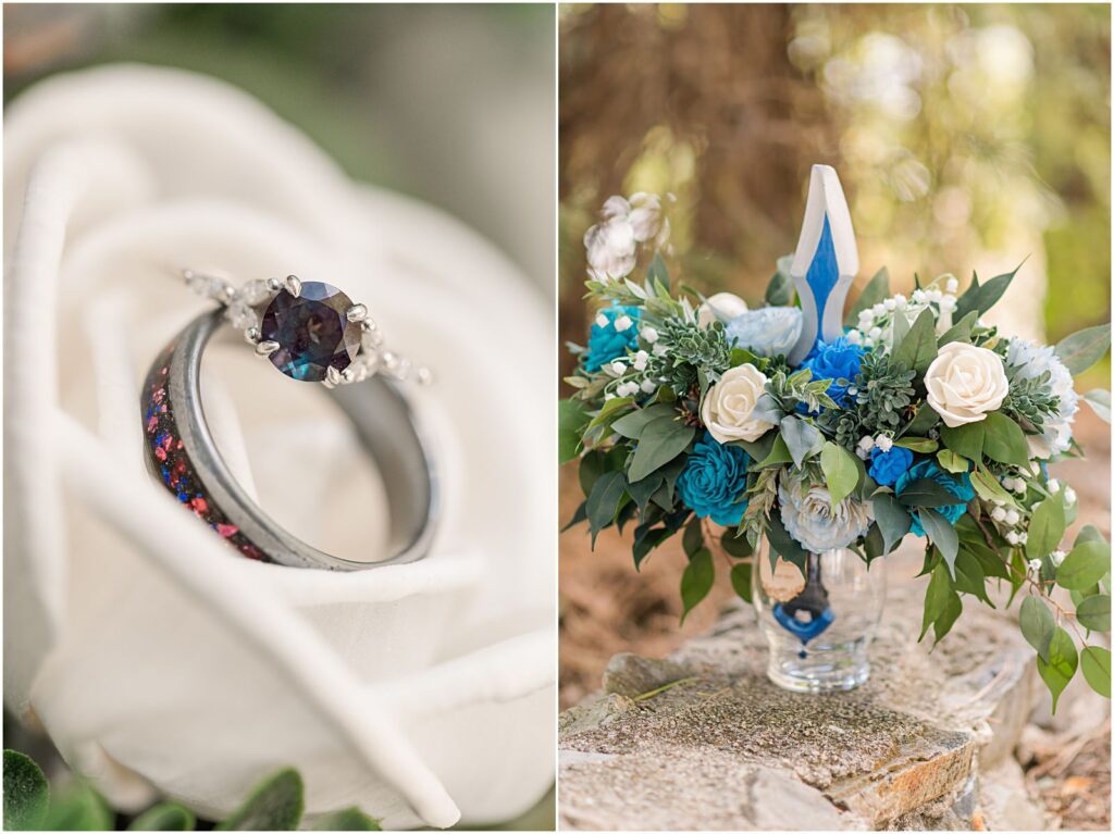 colorful wedding rings on white flower