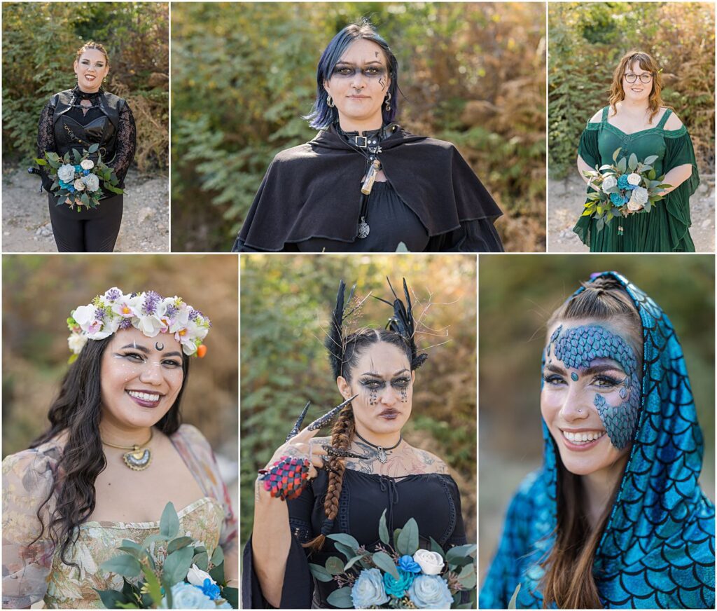 bridesmaids in different outfits for fantasy themed wedding