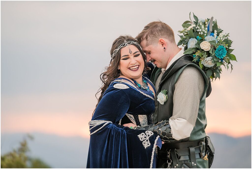 sunset portraits for nerdy couple on wedding day
