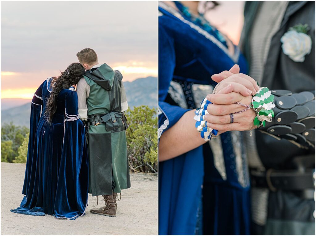 couple wearing chainmail bracelets at Ren Fair inspired wedding