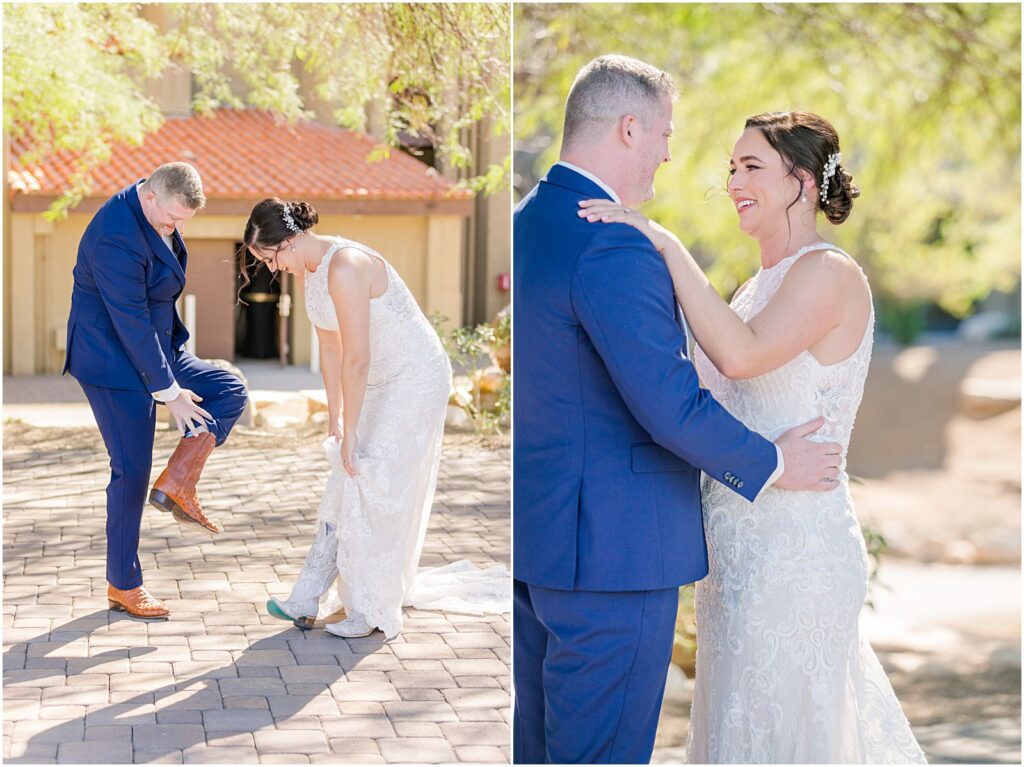 bride and groom showing off cowboy boots on wedding day
