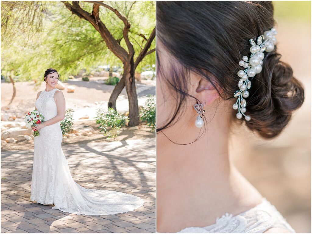 closeup of bride with pearl hair piece and matching earrings