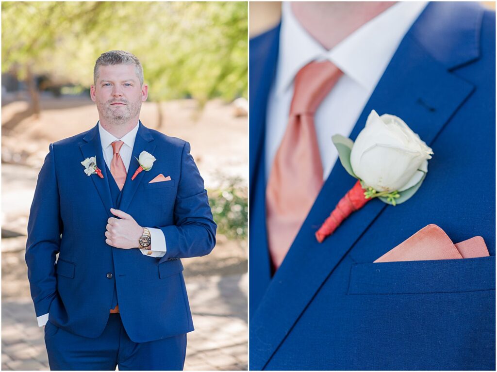 groom in blue suit with copper tie and pocket square