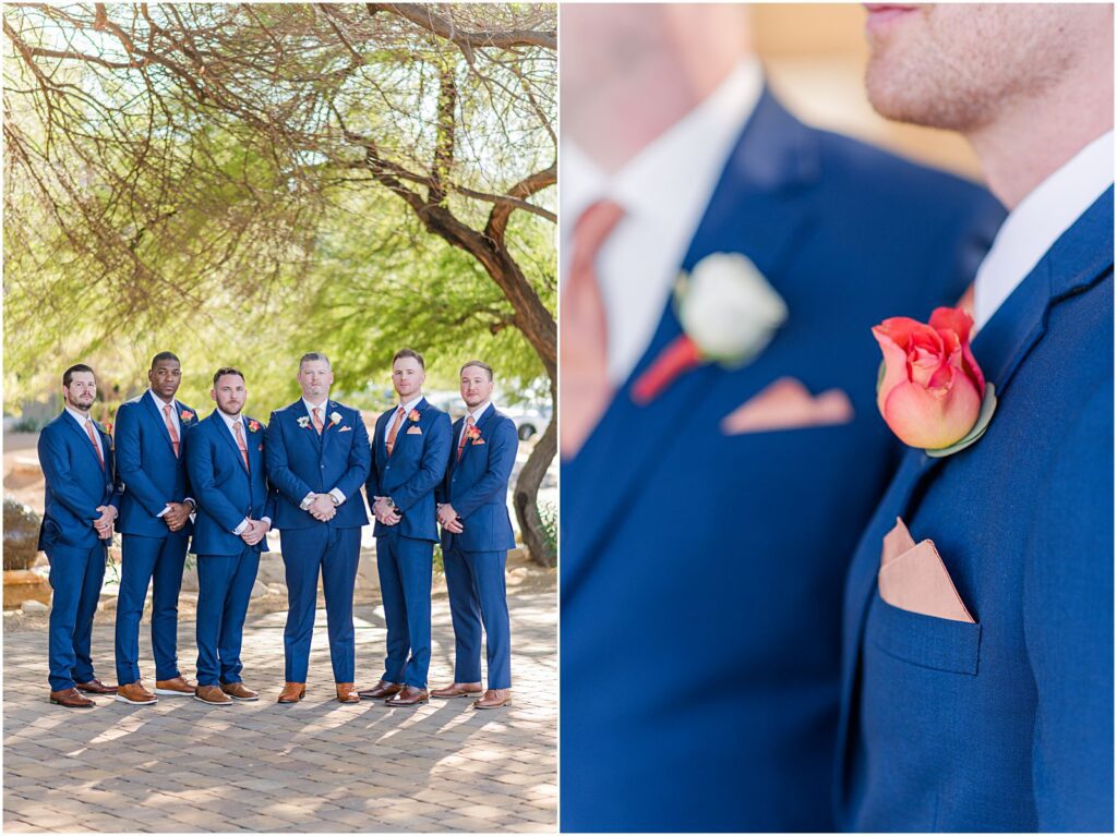 groom with his groomsmen all wearing blue suits and copper ties