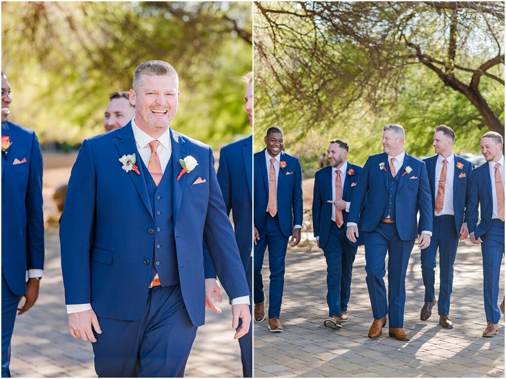 groom walking and laughing with his groomsmen