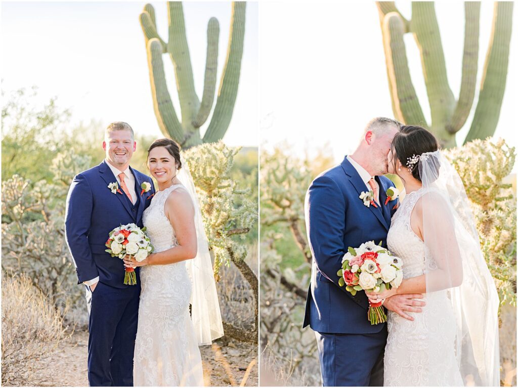 portrait of wedding couple with cactus and cholla