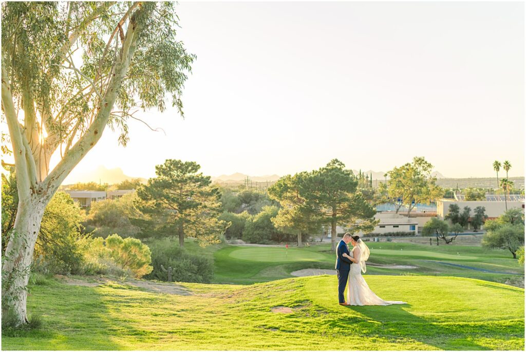 wedding couple at Hole 9 on golf course at Hilton El Conquistador