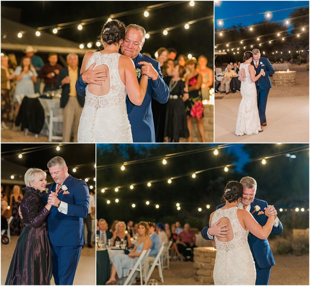 dancing with couple and their parents at night under string lights