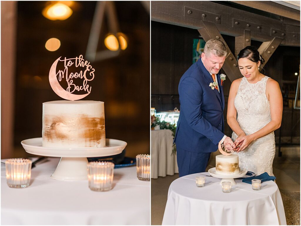 bride and groom cut their wedding cake together