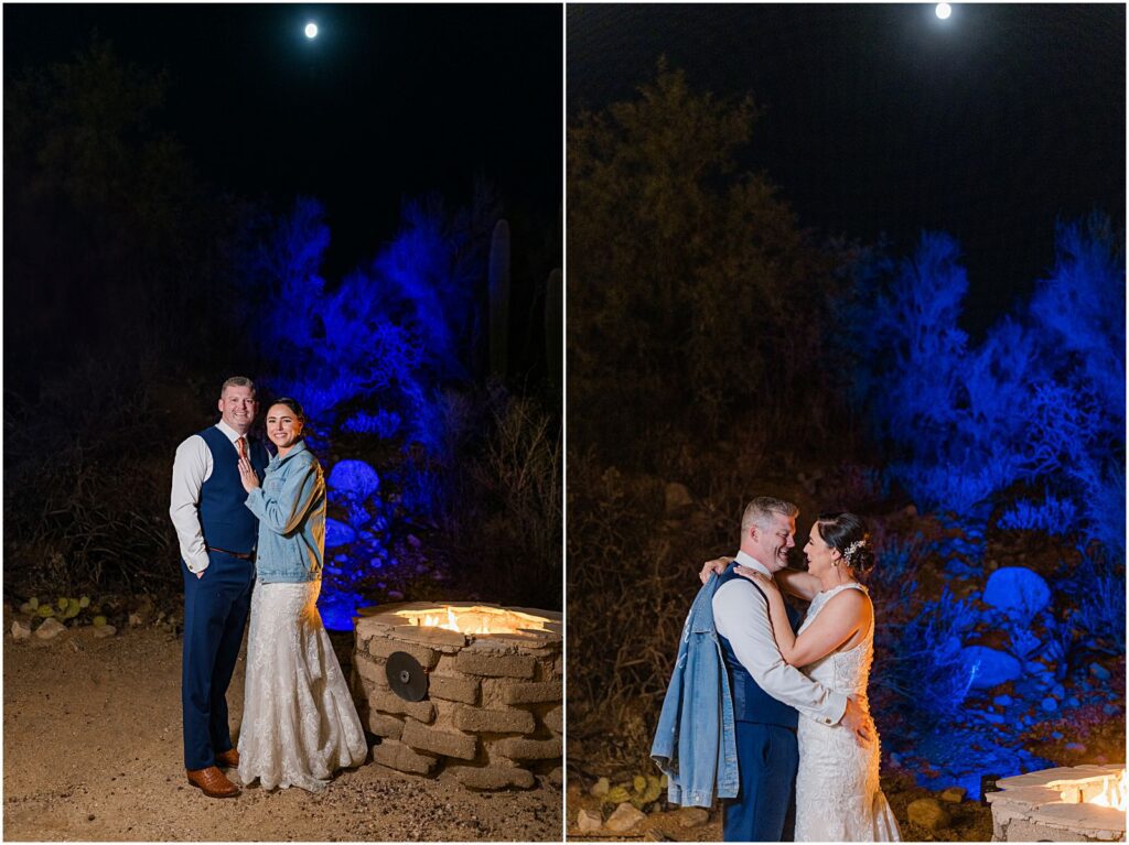 portrait of wedding couple and night with full moon above them