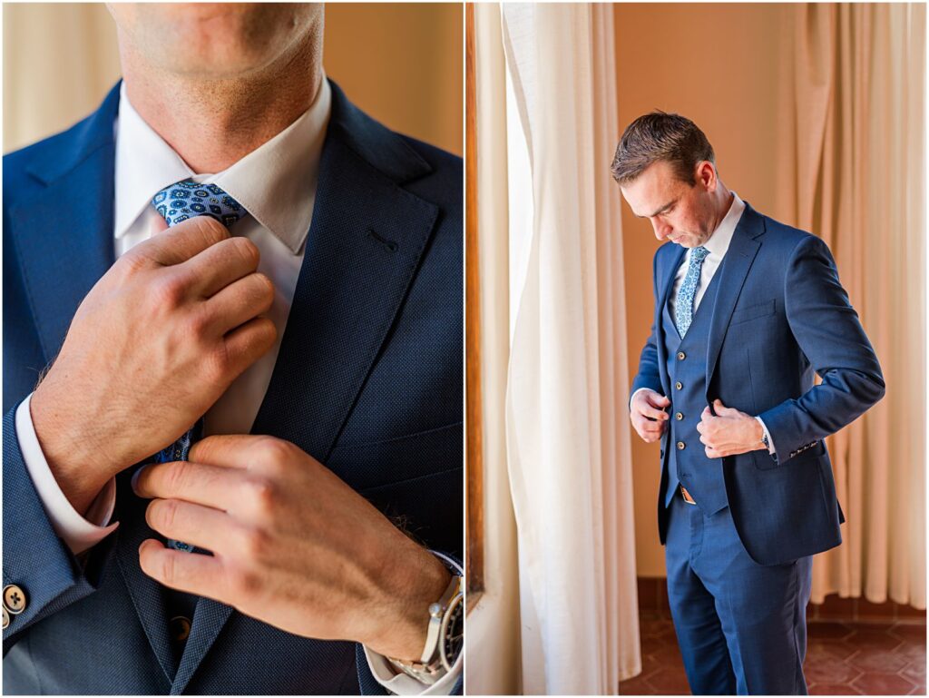 groom adjusting colorful blue tie