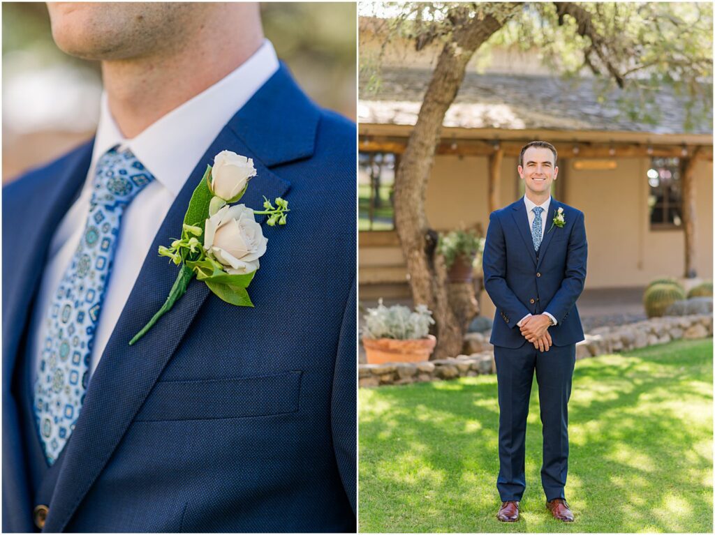 groom in navy suit with fun blue tie