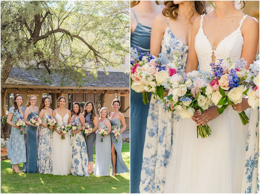 bride with bridesmaids in different blue patterned dresses