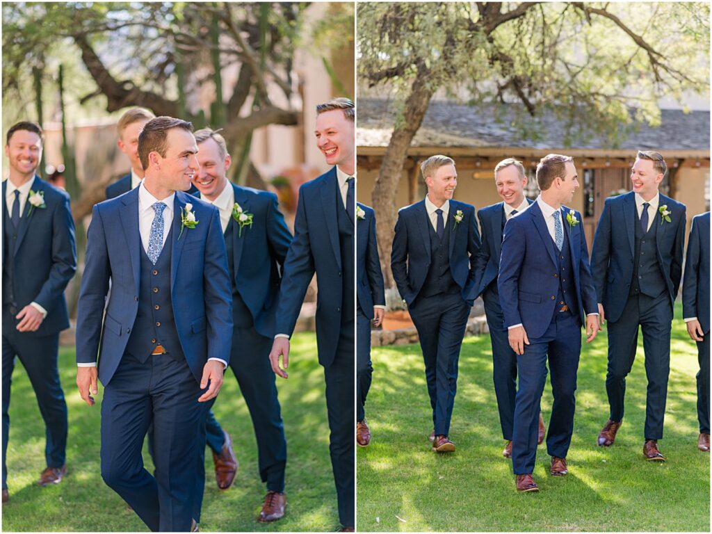 groom walking and laughing with his groomsmen