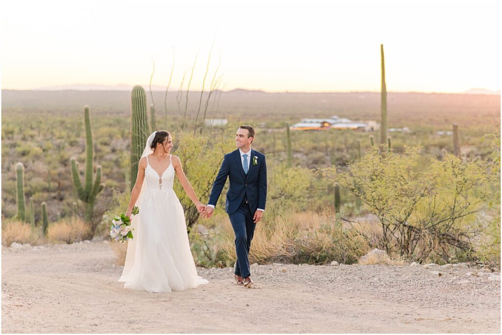 couple walking together in desert on wedding day