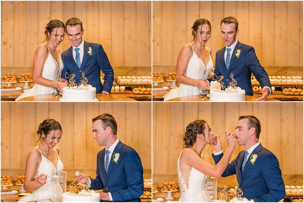 bride and groom cut their cake and feed each other
